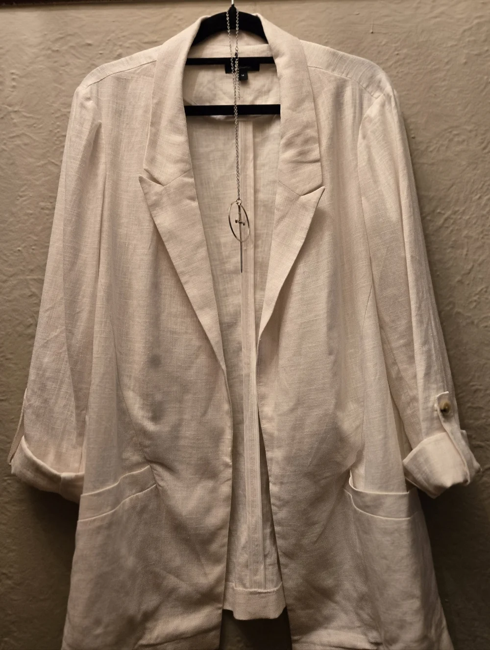 Linen Blend Blazer White Open Front Minimalist Chic Layering Jacket - Picture 4 of 10